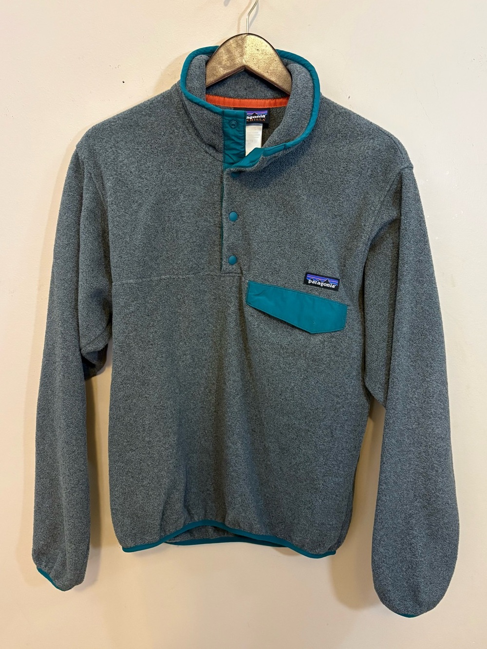 Patagonia Synchilla Snap T Pullover Fleece Mens Size XS Gray Teal Outdoor Flaw